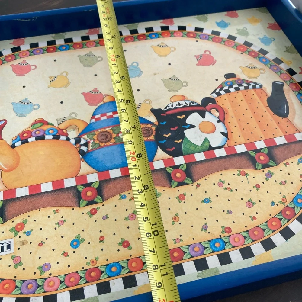 Mary Engelbreit serving tray with colorful teapots. - Picture 6 of 8